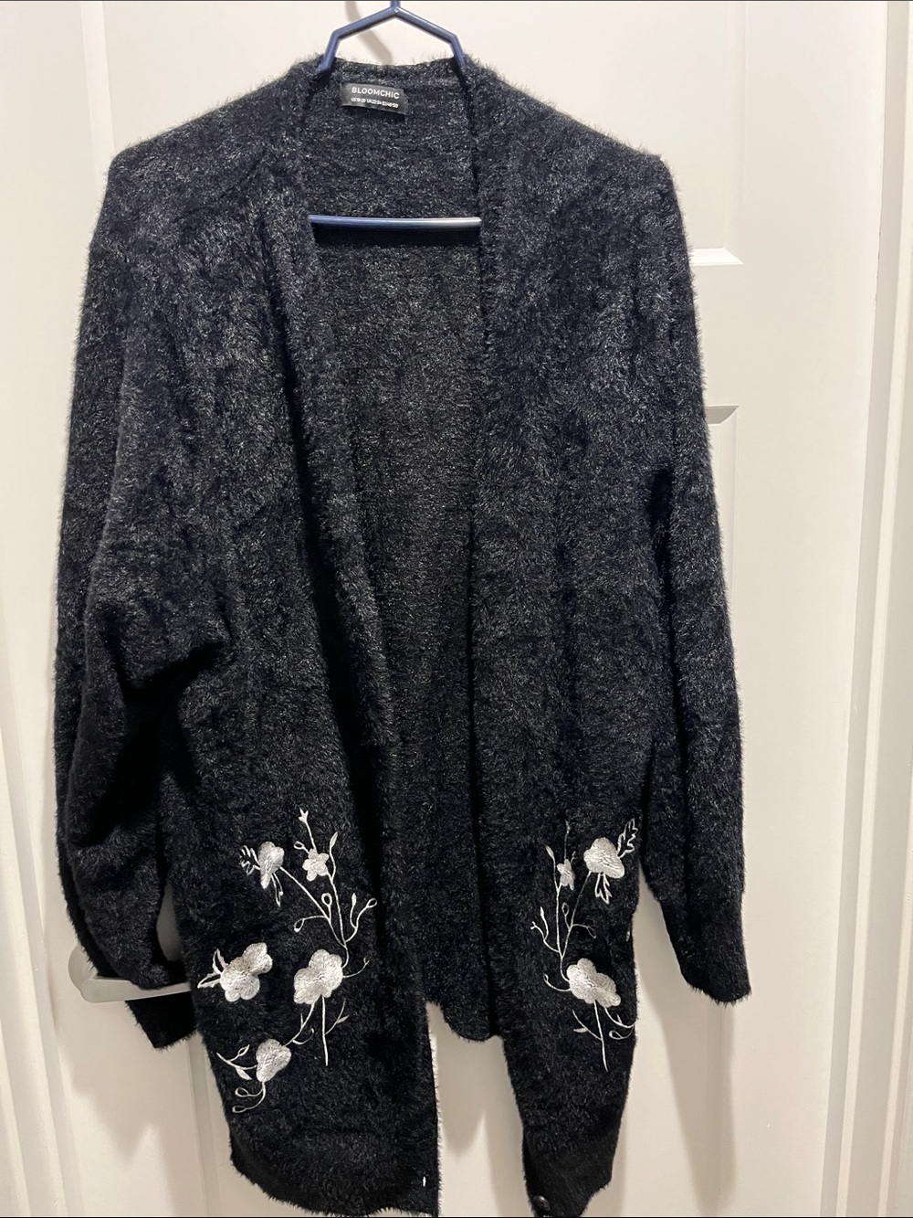 BloomChic Black Open-Front Cardigan with White Floral Embroidery
